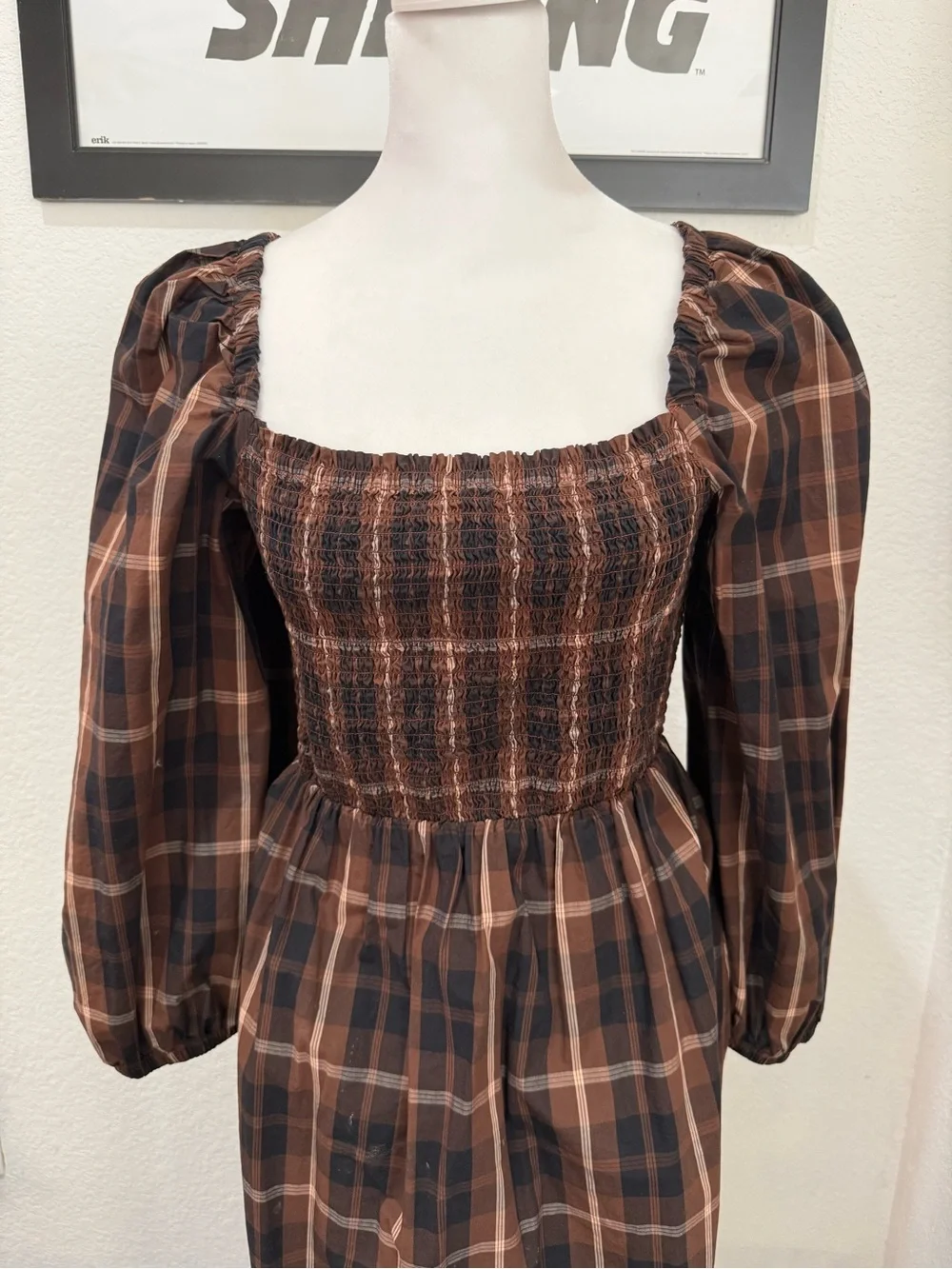 J. Crew Plaid Smocked Midi Dress in Brown